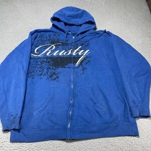 Vintage Y2K Rusty Surf Skate Grunge Full Zip Hoodie Size 2XL Blue & Black